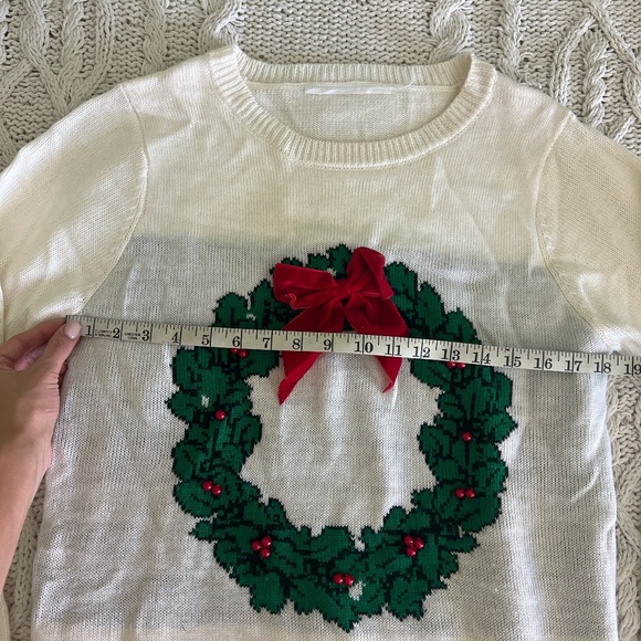 Cute White Christmas Sweater with Wreath and Holly design in white and green - Picture 3 of 8
